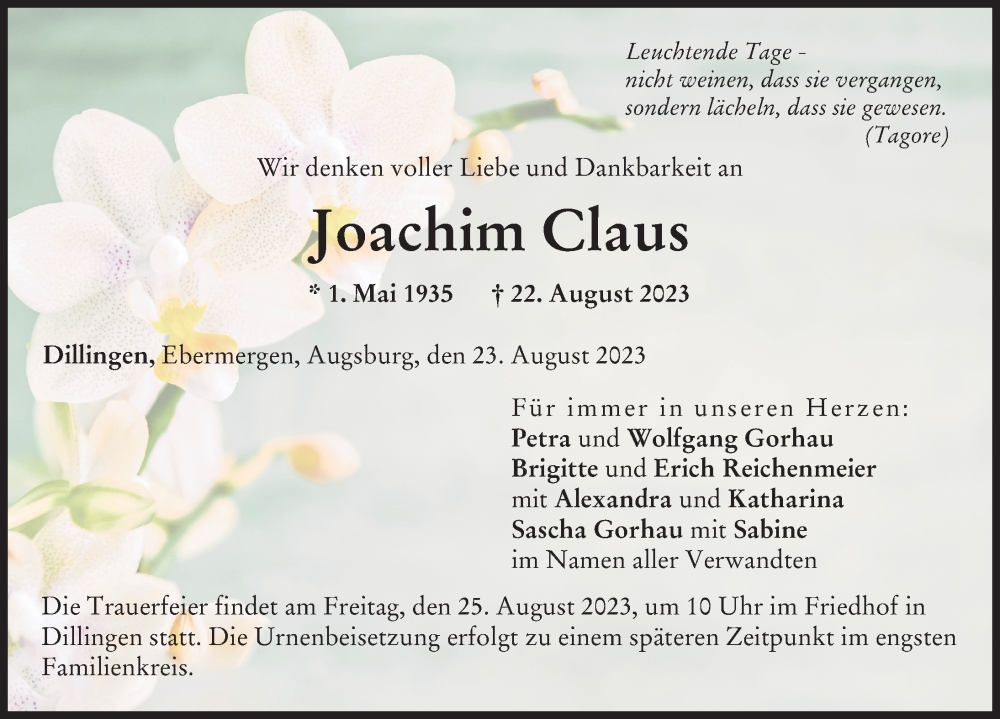 Traueranzeige von Joachim Claus von Donau Zeitung