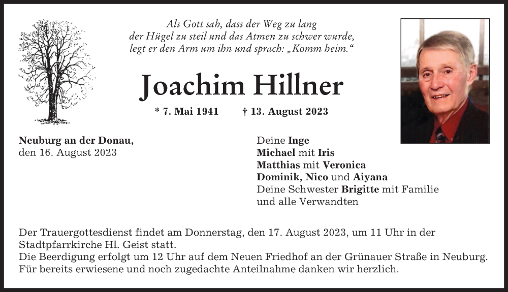 Traueranzeige von Joachim Hillner von Neuburger Rundschau