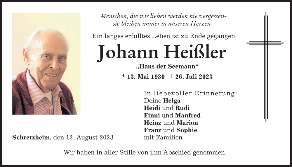 Traueranzeige von Johann Heißler von Donau Zeitung