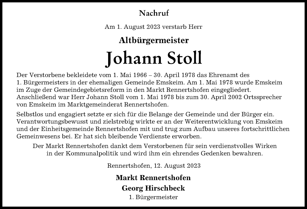 Traueranzeige von Johann Stoll von Neuburger Rundschau