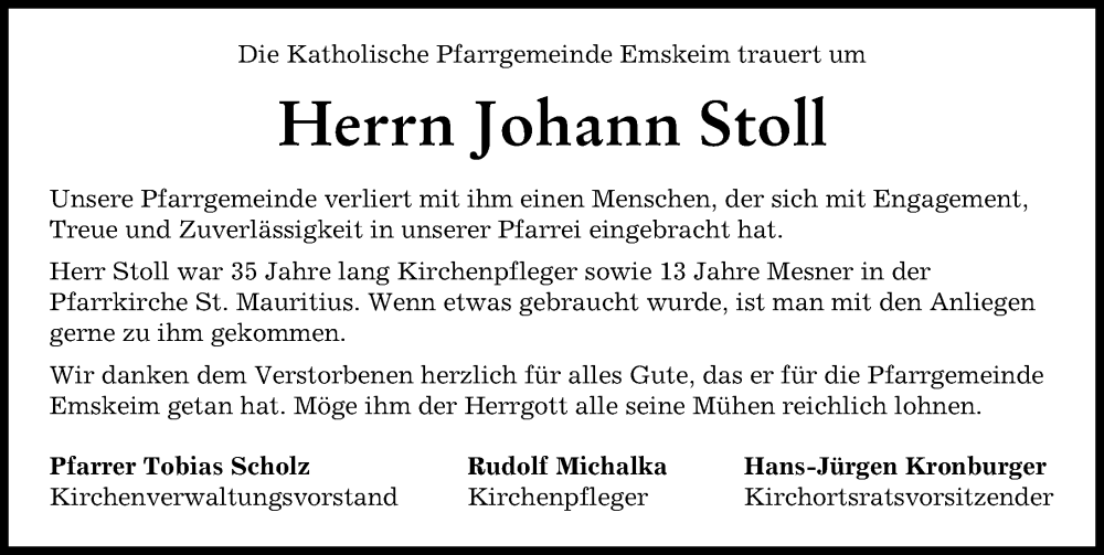 Traueranzeige von Johann Stoll von Donauwörther Zeitung, Neuburger Rundschau