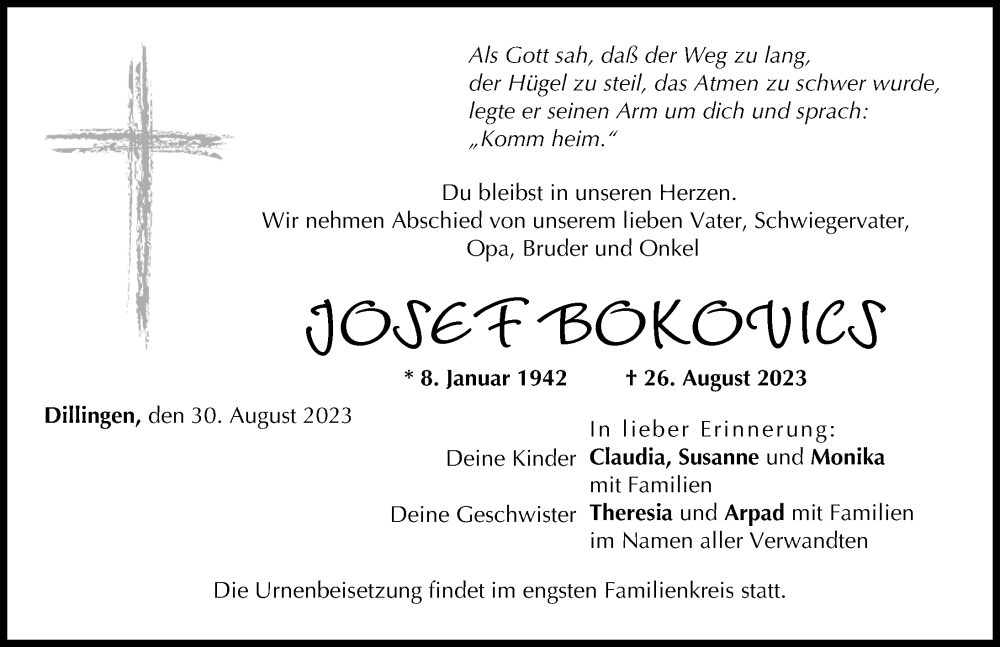 Traueranzeige von Josef Bokovics von Donau Zeitung