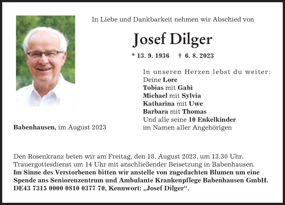 Traueranzeige von Josef Dilger von Illertisser Zeitung