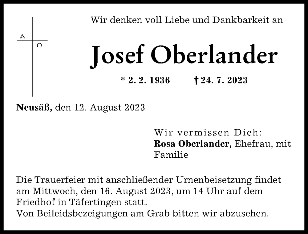 Traueranzeige von Josef Oberlander von Augsburg-Land