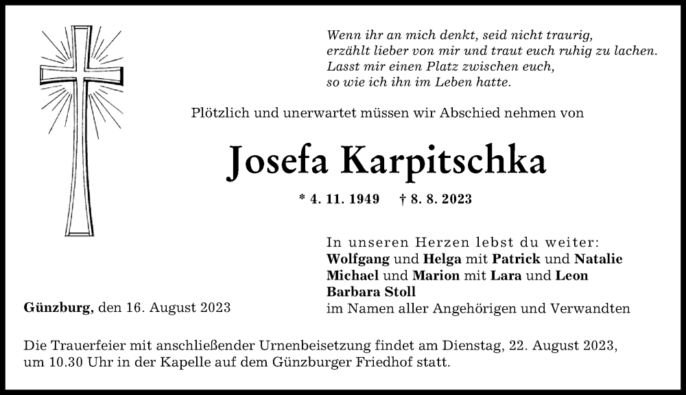 Traueranzeige von Josefa Karpitschka von Günzburger Zeitung