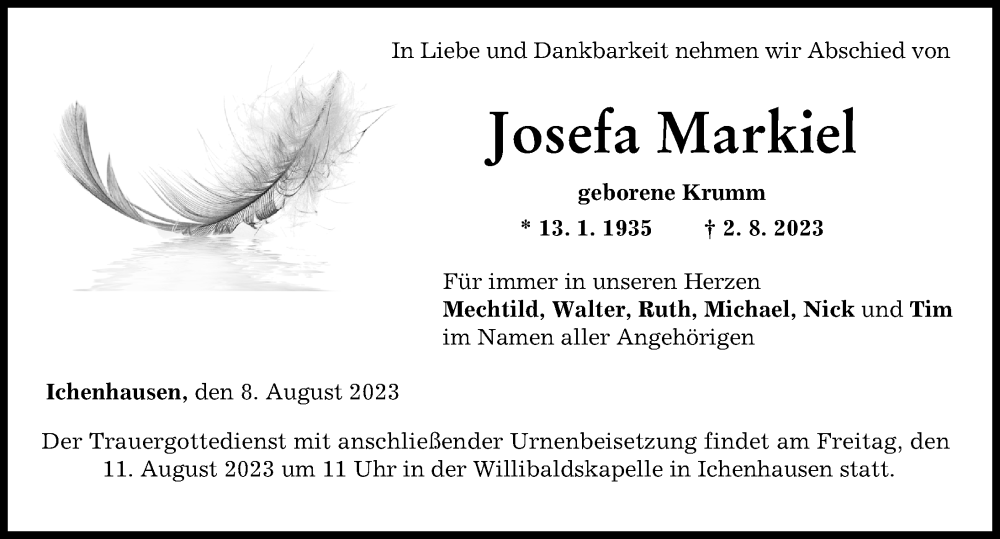 Traueranzeige von Josefa Markiel von Günzburger Zeitung