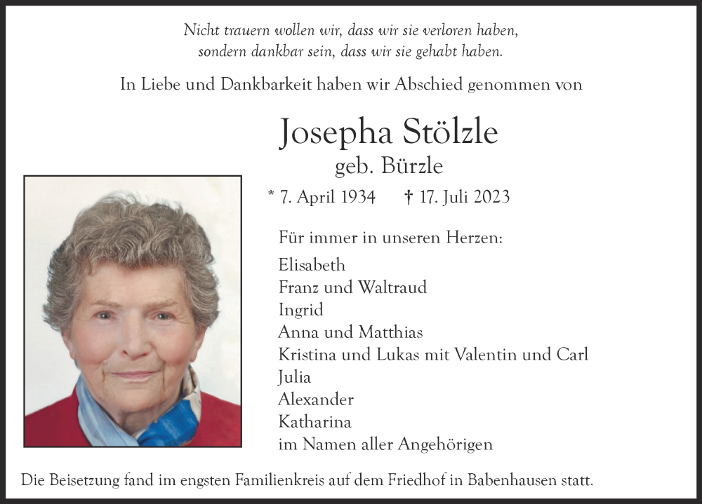 Traueranzeige von Josepha Stölzle von Illertisser Zeitung