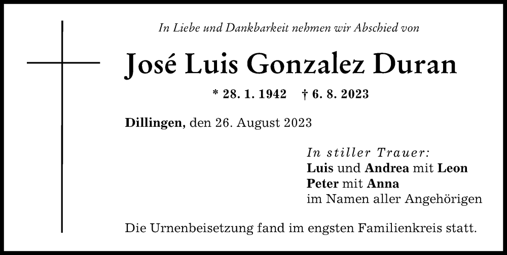 Traueranzeige von José Luis Gonzalez Duran von Donau Zeitung