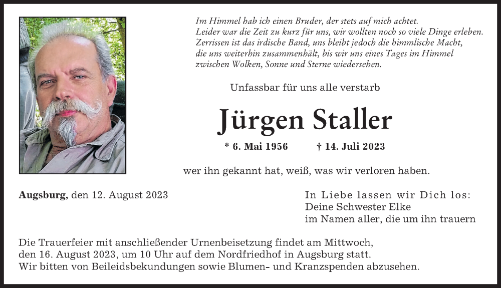 Traueranzeige von Jürgen Staller von Augsburger Allgemeine