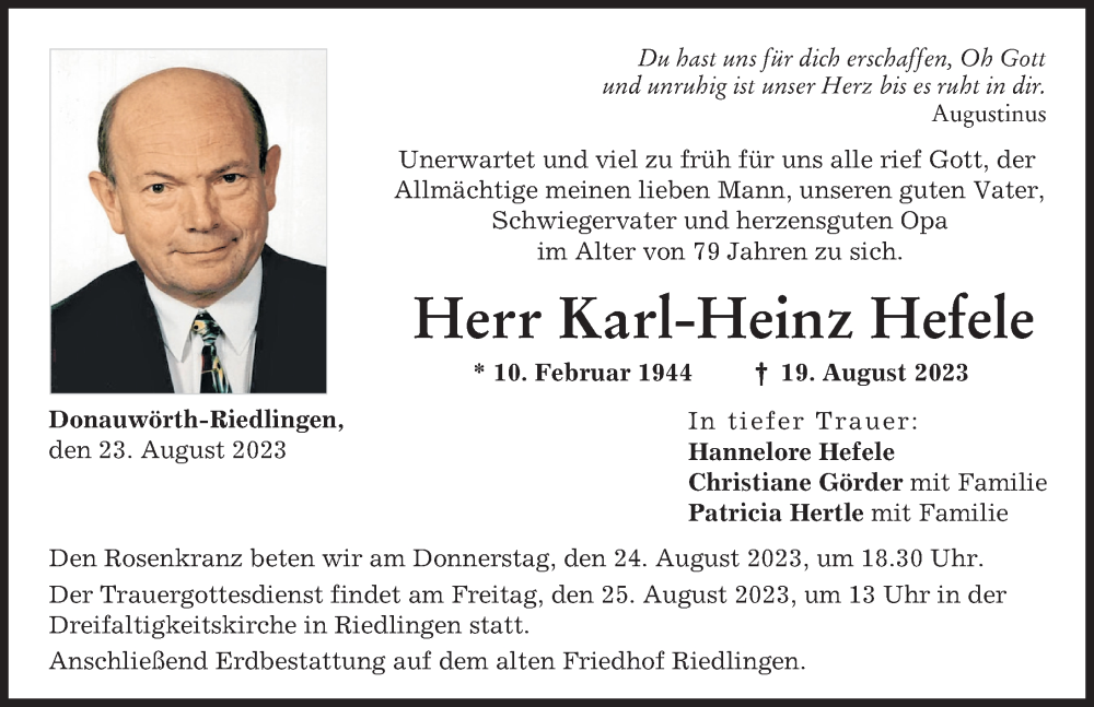 Traueranzeige von Karl-Heinz Hefele von Donauwörther Zeitung