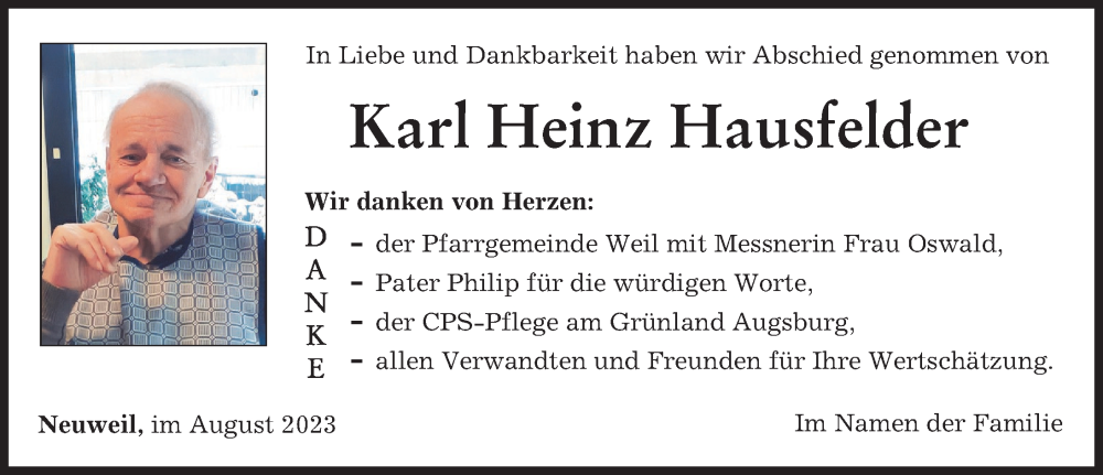 Traueranzeige von Karl Heinz Hausfelder von Landsberger Tagblatt