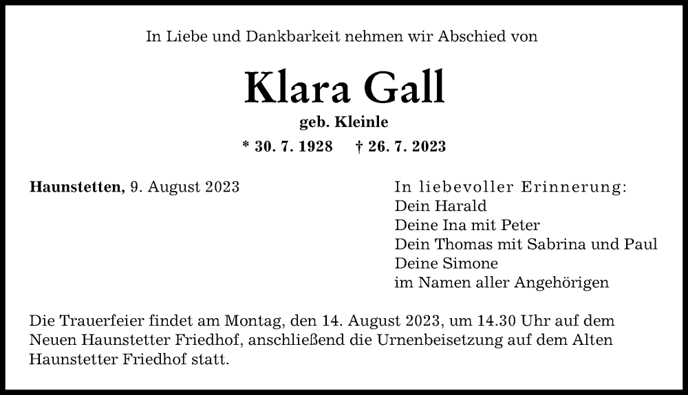 Traueranzeige von Klara Gall von Augsburger Allgemeine