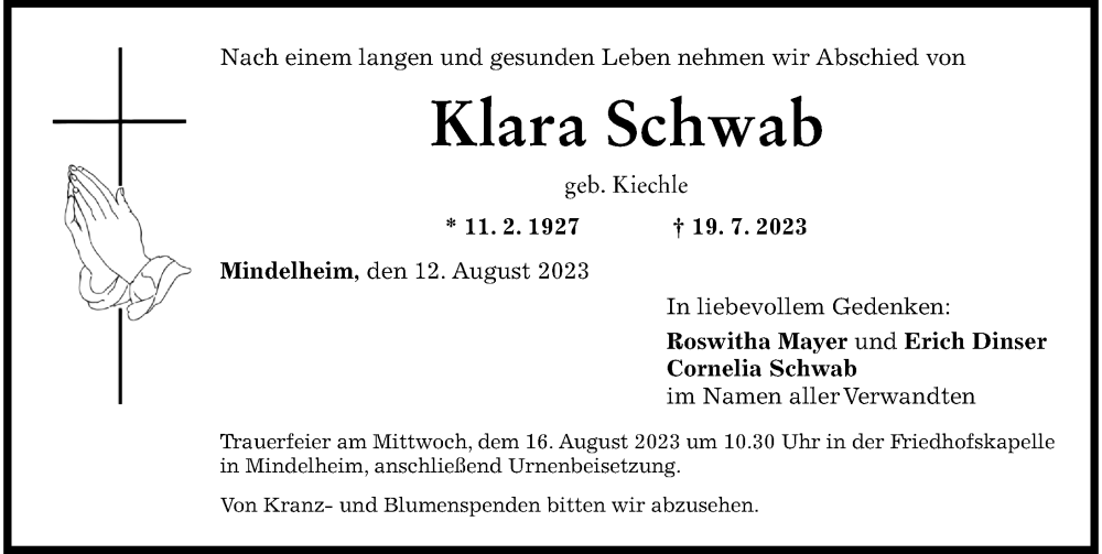 Traueranzeige von Klara Schwab von Mindelheimer Zeitung