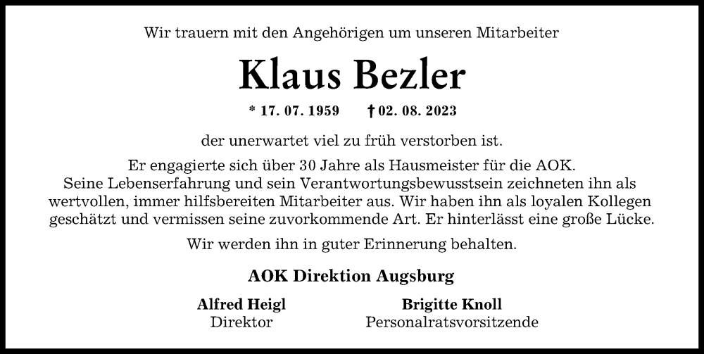 Traueranzeige von Klaus Bezler von Augsburger Allgemeine