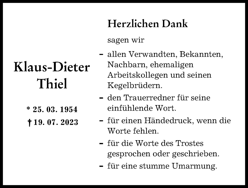 Traueranzeige von Klaus-Dieter Thiel von Augsburger Allgemeine