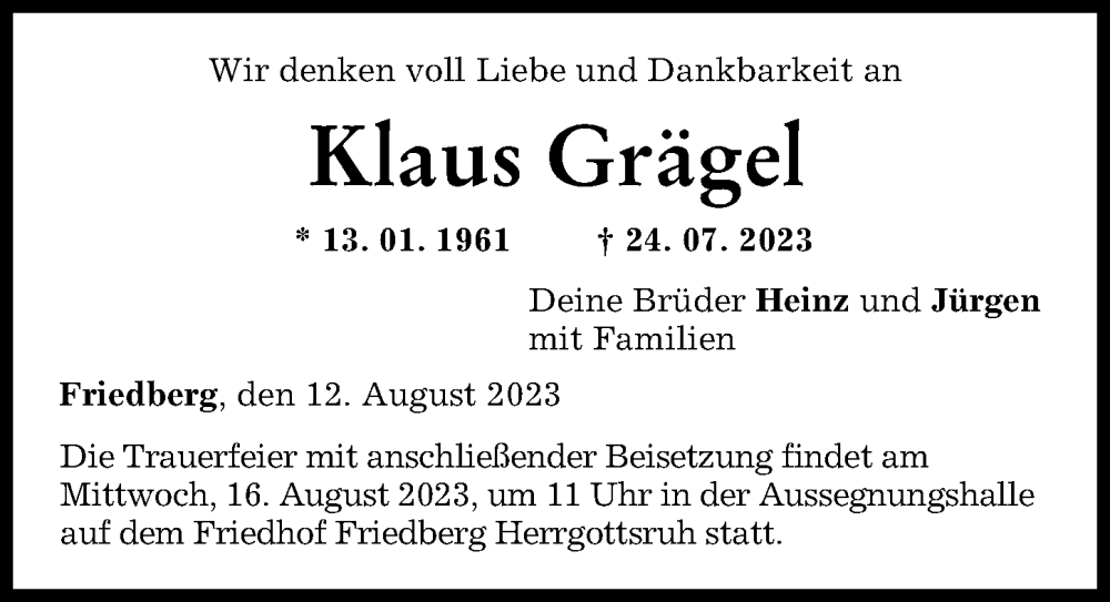 Traueranzeige von Klaus Grägel von Friedberger Allgemeine