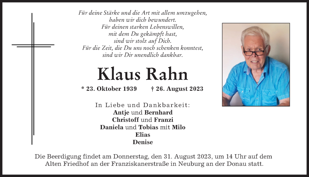 Traueranzeige von Klaus Rahn von Neuburger Rundschau