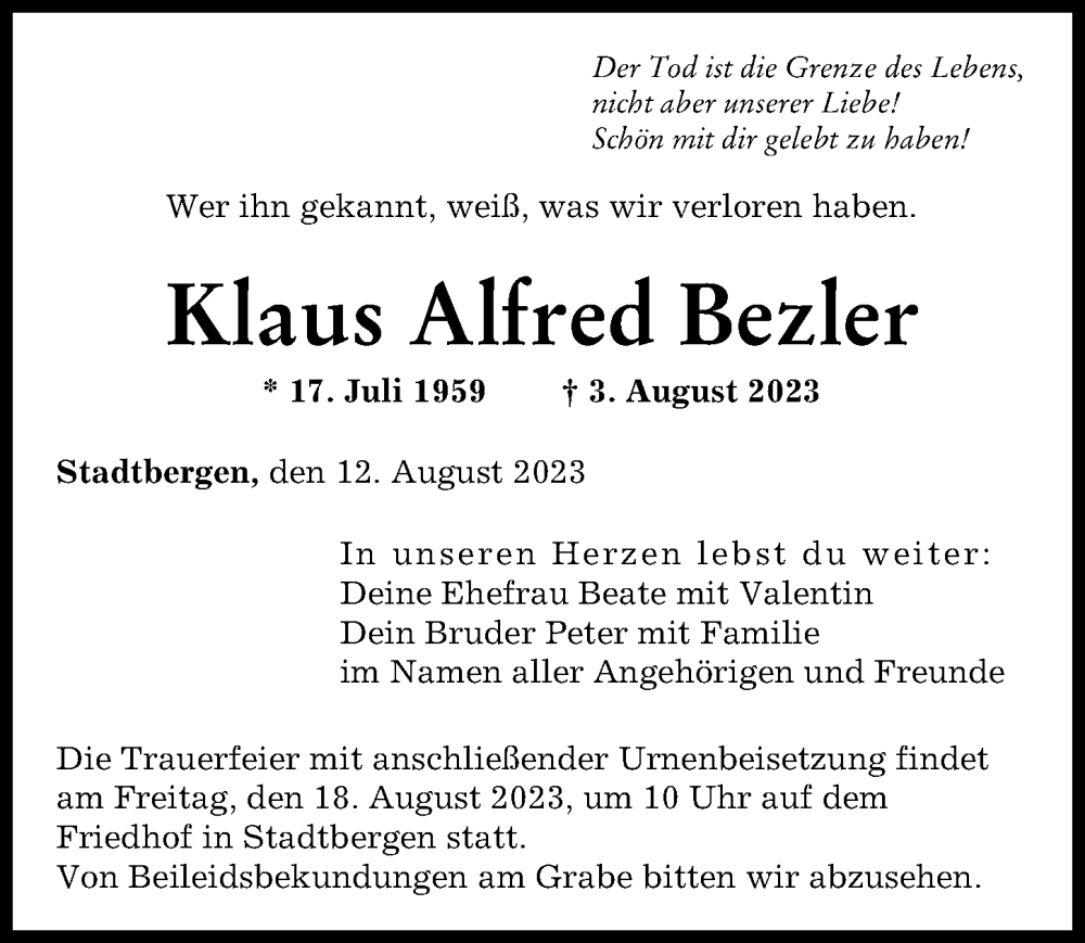 Traueranzeige von Klaus Alfred Bezler von Augsburger Allgemeine