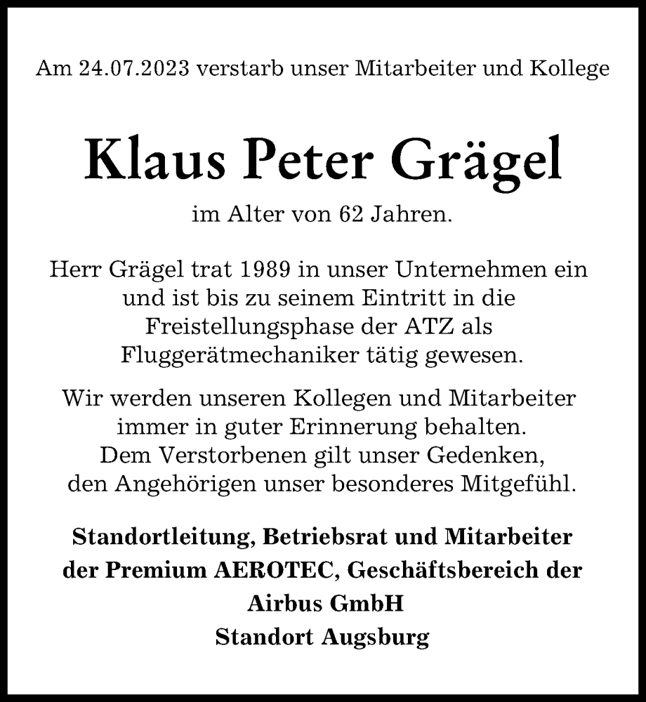 Traueranzeige von Klaus Peter Grägel von Friedberger Allgemeine