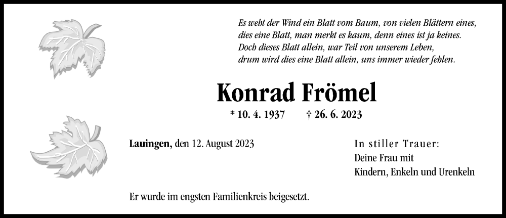 Traueranzeige von Konrad Frömel von Donau Zeitung