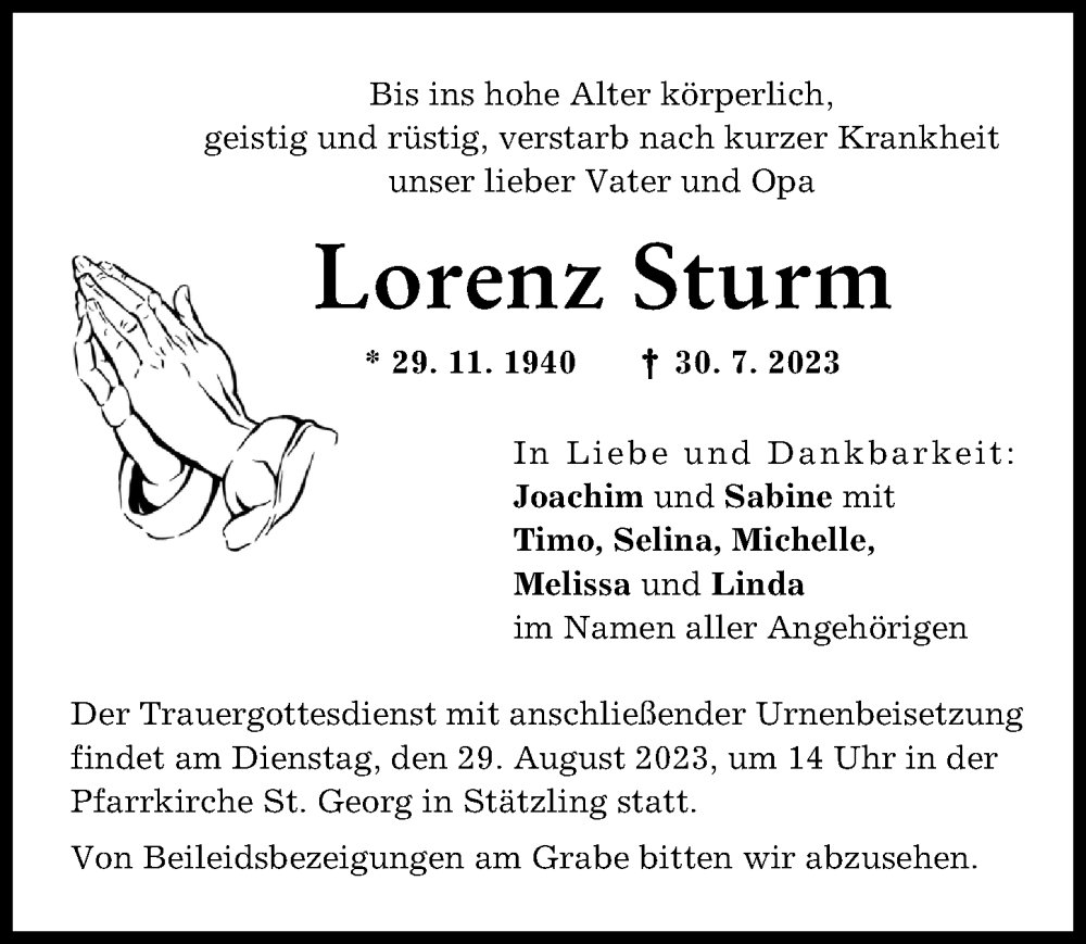 Traueranzeige von Lorenz Sturm von Friedberger Allgemeine