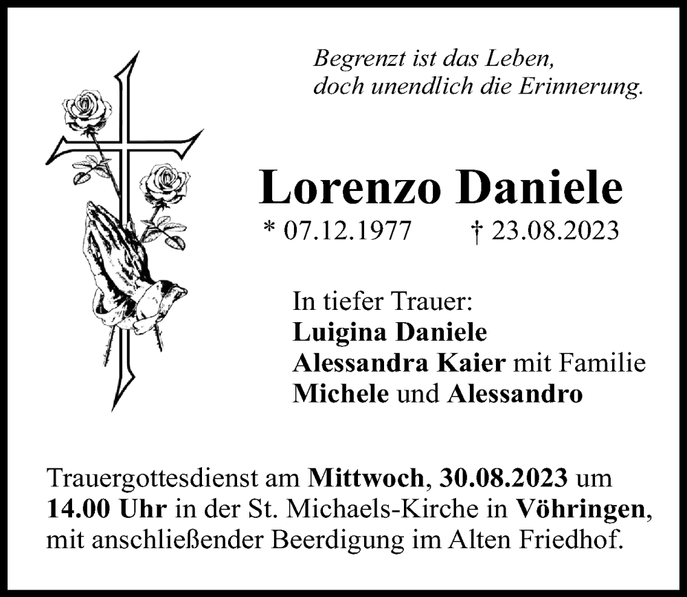  Traueranzeige für Lorenzo Daniele vom 29.08.2023 aus Illertisser Zeitung