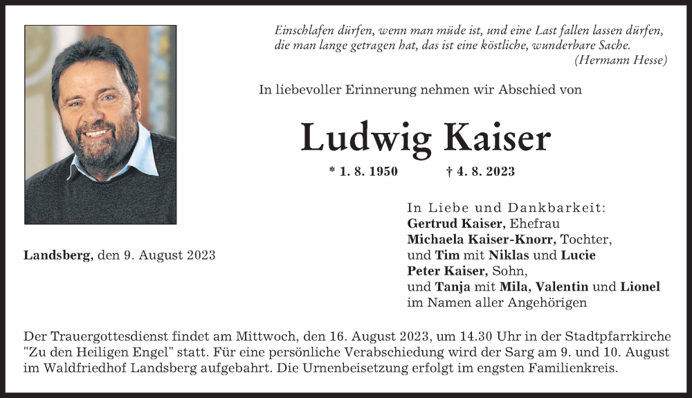  Traueranzeige für Ludwig Kaiser vom 09.08.2023 aus Landsberger Tagblatt