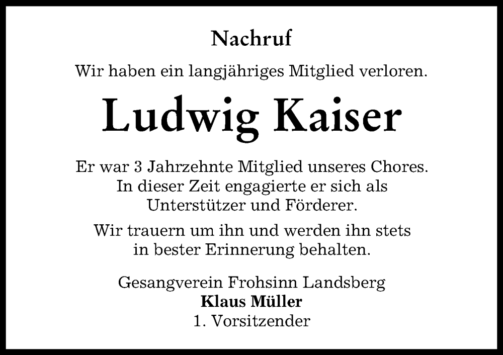  Traueranzeige für Ludwig Kaiser vom 12.08.2023 aus Landsberger Tagblatt