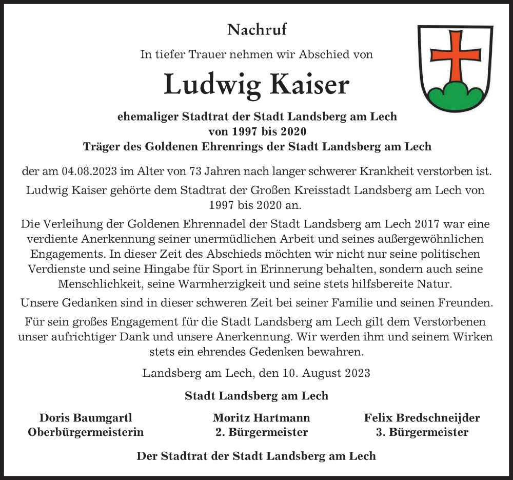  Traueranzeige für Ludwig Kaiser vom 10.08.2023 aus Landsberger Tagblatt