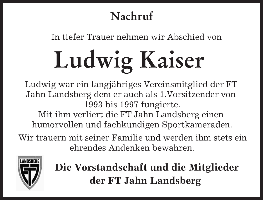  Traueranzeige für Ludwig Kaiser vom 16.08.2023 aus Landsberger Tagblatt