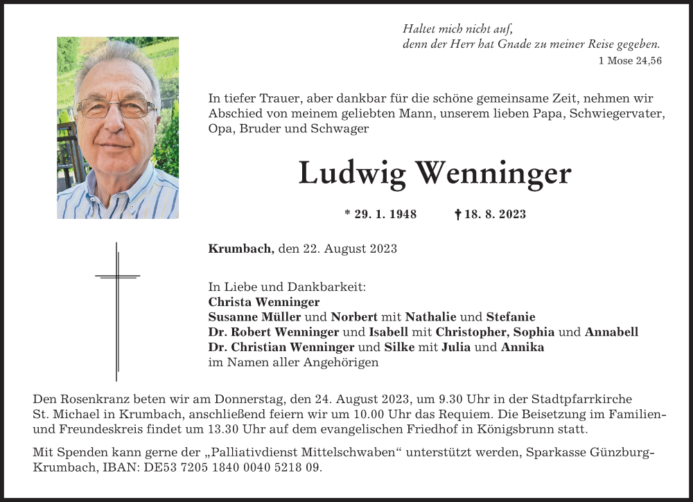 Traueranzeige von Ludwig Wenninger von Mittelschwäbische Nachrichten