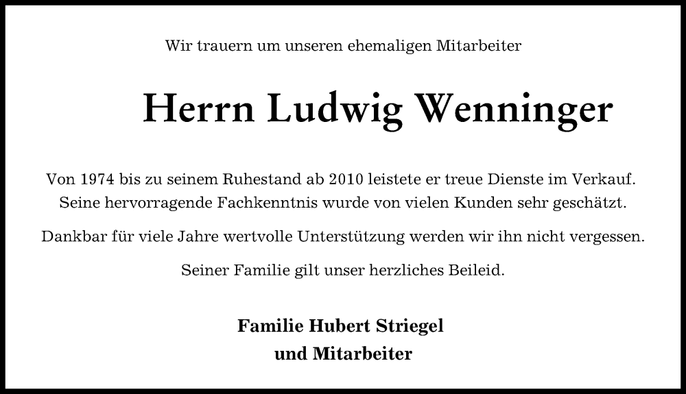 Traueranzeige von Ludwig Wenninger von Mittelschwäbische Nachrichten