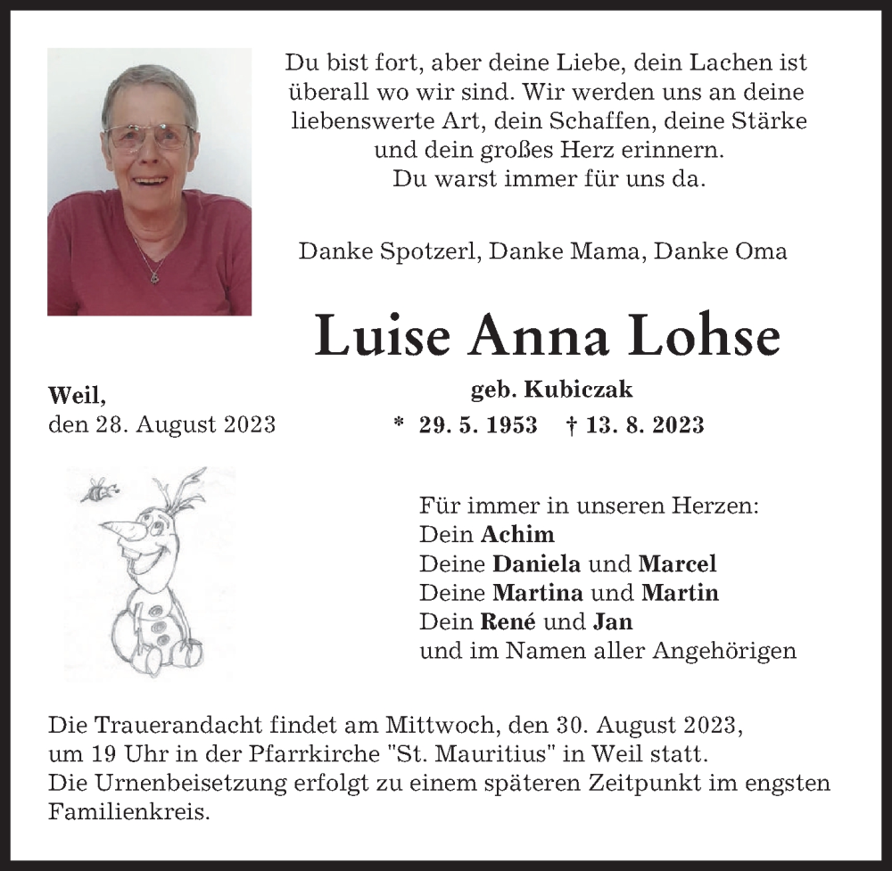  Traueranzeige für Luise Anna Lohse vom 28.08.2023 aus Landsberger Tagblatt
