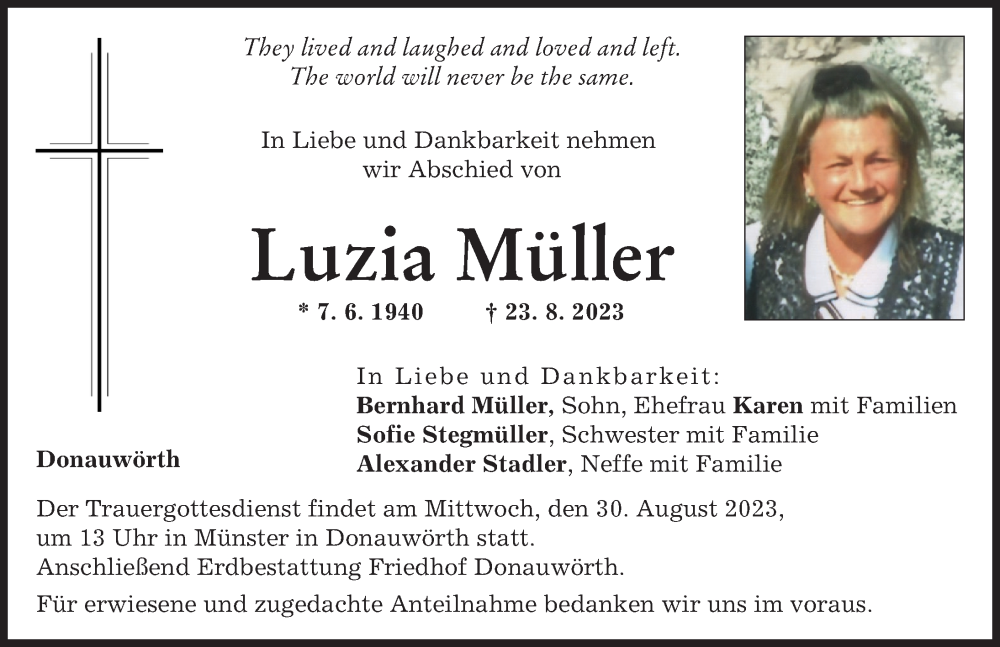 Traueranzeige von Luzia Müller von Donauwörther Zeitung