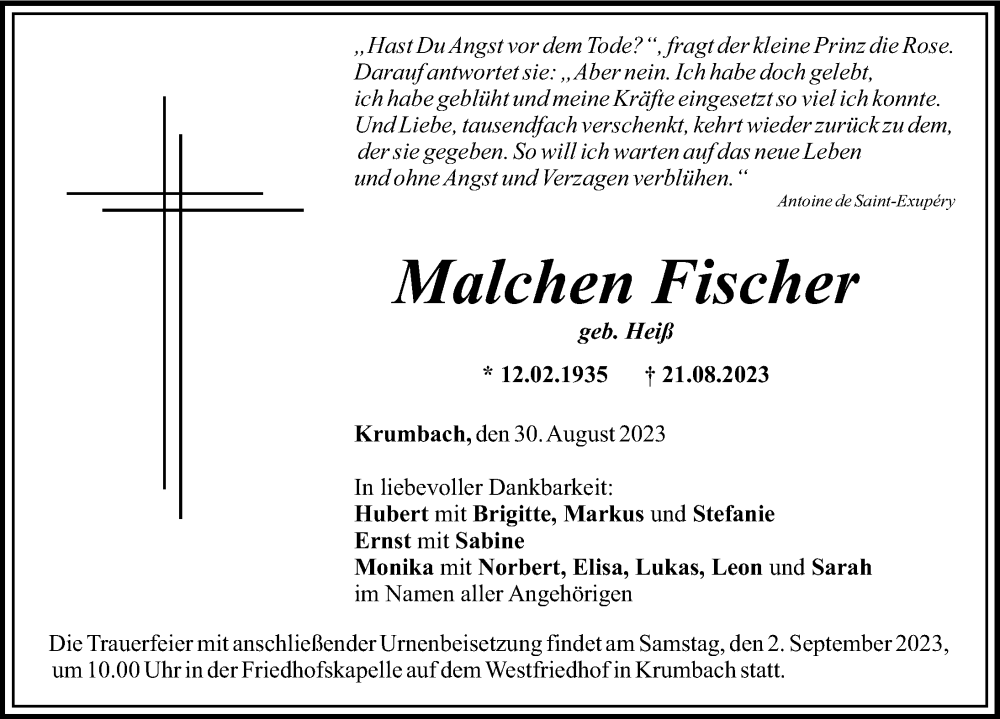 Traueranzeige von Malchen Fischer von Mittelschwäbische Nachrichten