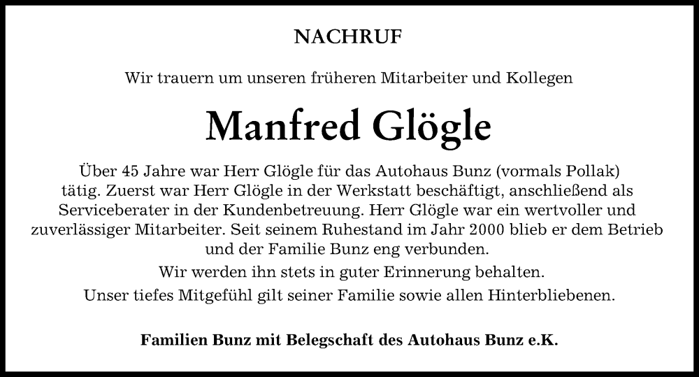 Traueranzeige von Manfred Glögle von Schwabmünchner Allgemeine