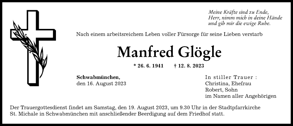 Traueranzeige von Manfred Glögle von Schwabmünchner Allgemeine