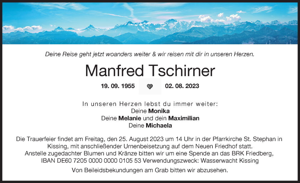  Traueranzeige für Manfred Tschirner vom 12.08.2023 aus Friedberger Allgemeine