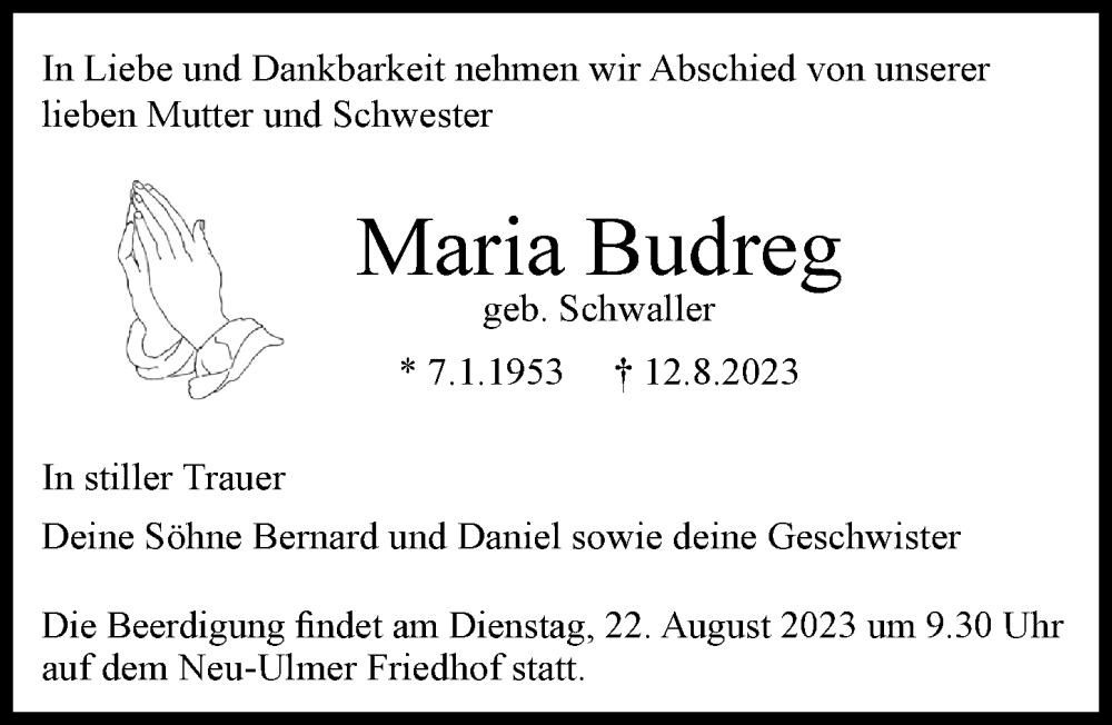 Traueranzeige von Maria Budreg von Augsburger Allgemeine, Neu-Ulmer Zeitung