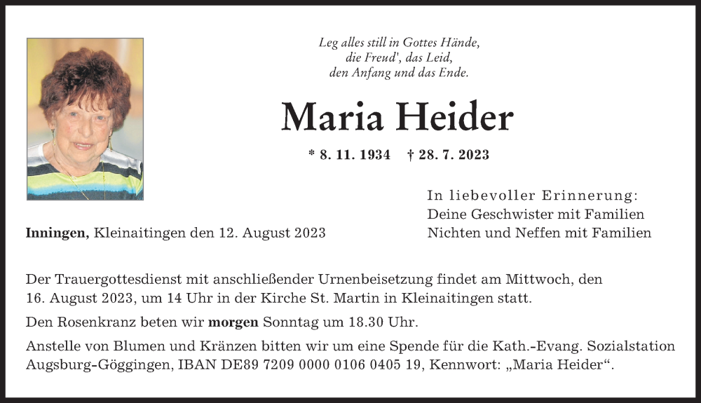 Traueranzeige von Maria Heider von Augsburger Allgemeine