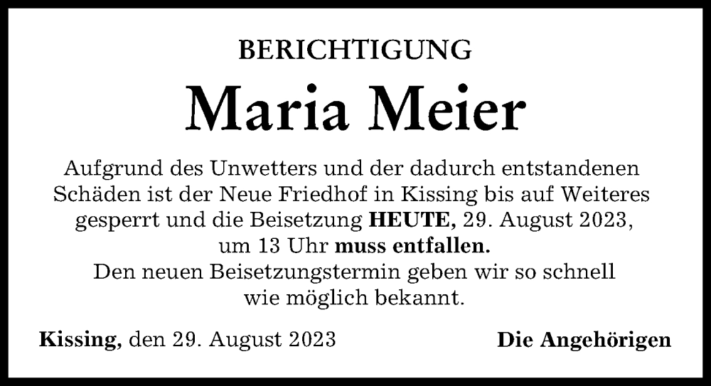 Traueranzeige von Maria Meier von Friedberger Allgemeine