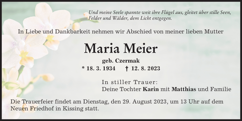  Traueranzeige für Maria Meier vom 26.08.2023 aus Friedberger Allgemeine