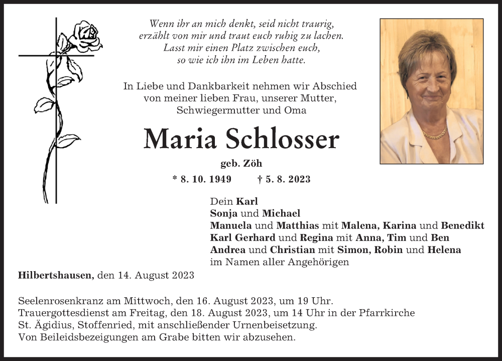 Traueranzeige von Maria Schlosser von Illertisser Zeitung, Mittelschwäbische Nachrichten, Günzburger Zeitung