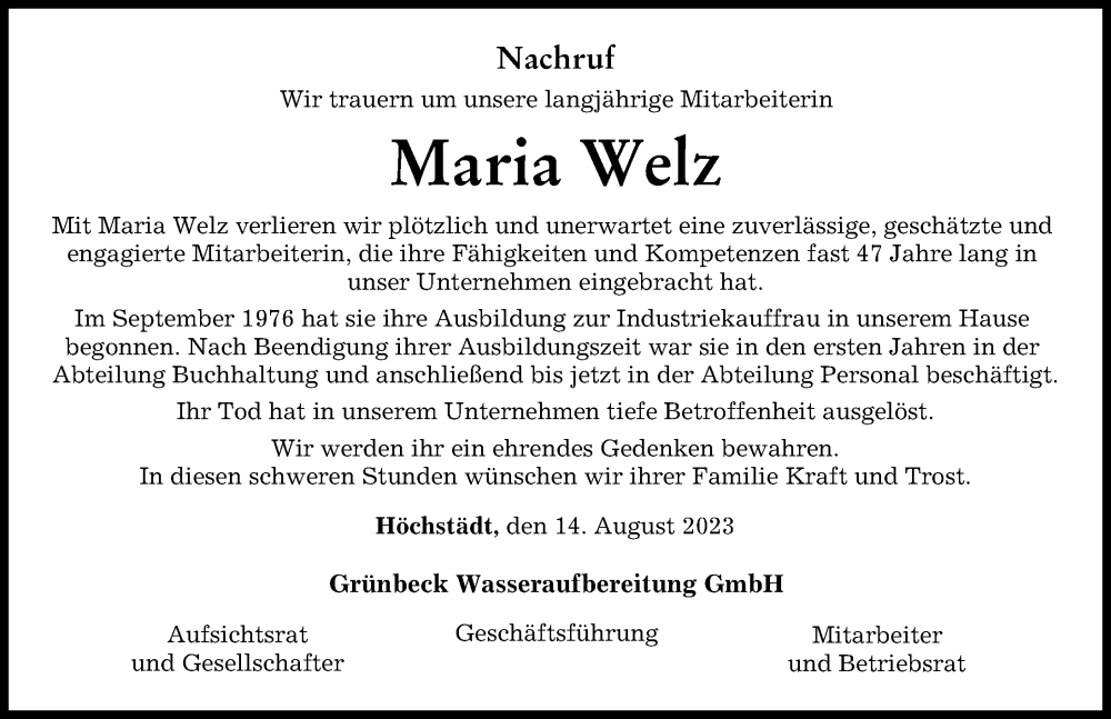 Traueranzeige von Maria Welz von Donau Zeitung