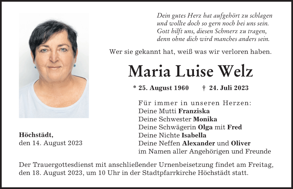 Traueranzeige von Maria Luise Welz von Donau Zeitung