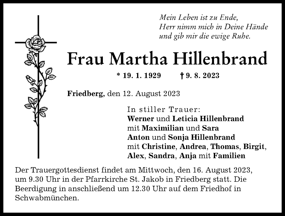 Traueranzeige von Martha Hillenbrand von Schwabmünchner Allgemeine, Friedberger Allgemeine