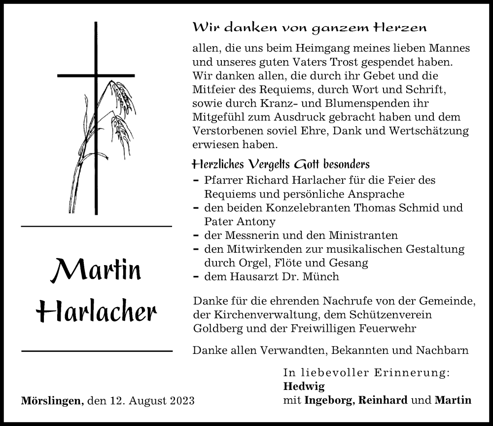 Traueranzeige von Martin Harlacher von Donau Zeitung