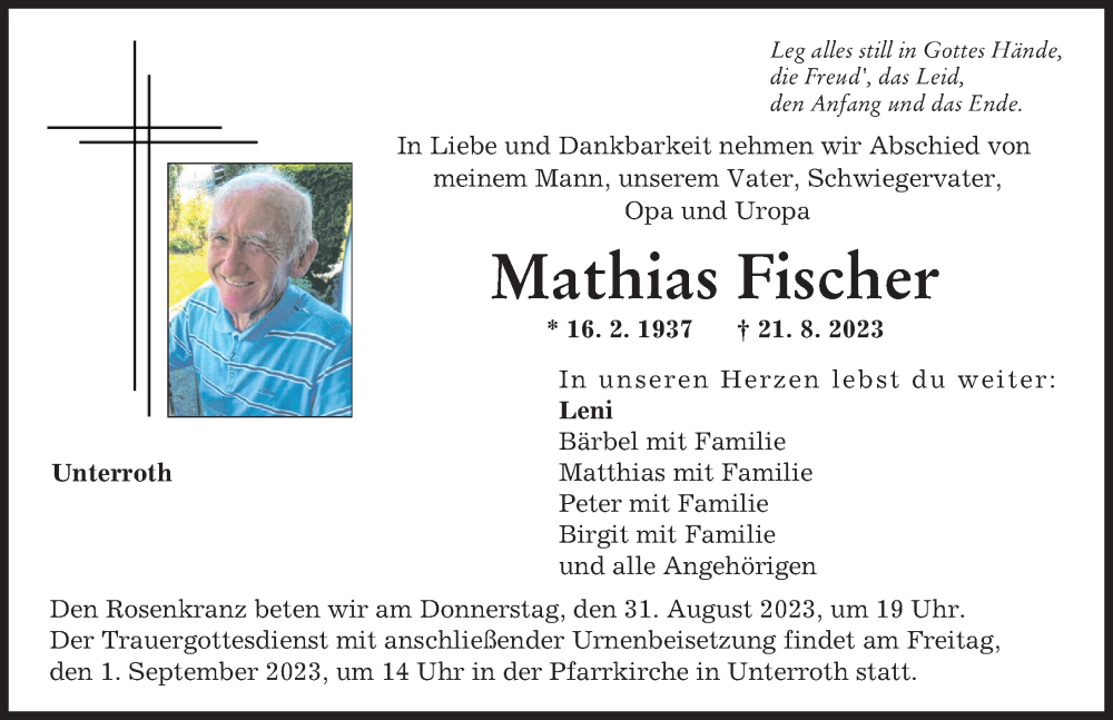 Traueranzeige von Mathias Fischer von Illertisser Zeitung