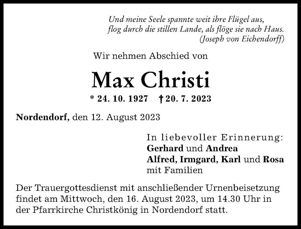 Traueranzeige von Max Christi von Augsburg-Land