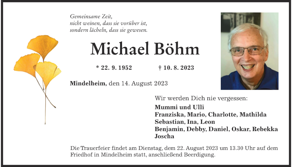  Traueranzeige für Michael Böhm vom 14.08.2023 aus Mindelheimer Zeitung